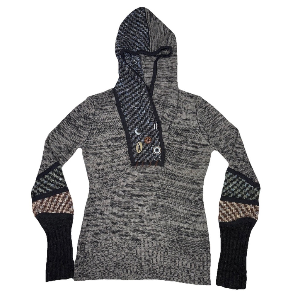 BKE Knit Hoodie Sweater M Boho Mixed Knit Hood Button Front Long Cuff‎ Sleeve